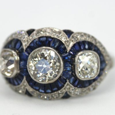 Deco Platinum Sapphire Diamond Ring