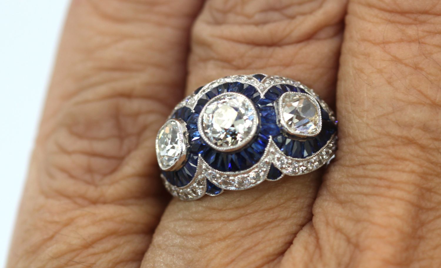 Deco Platinum Sapphire Diamond Ring- on finger