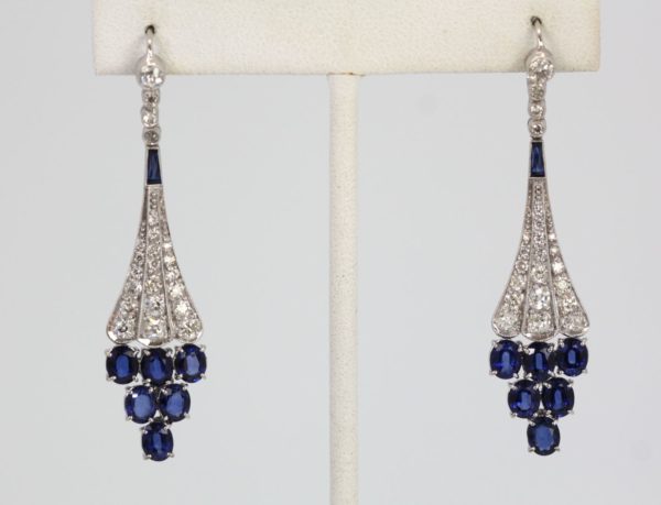 Deco Diamond And Sapphire Earrings 18K White Gold 6.86 Carats stand