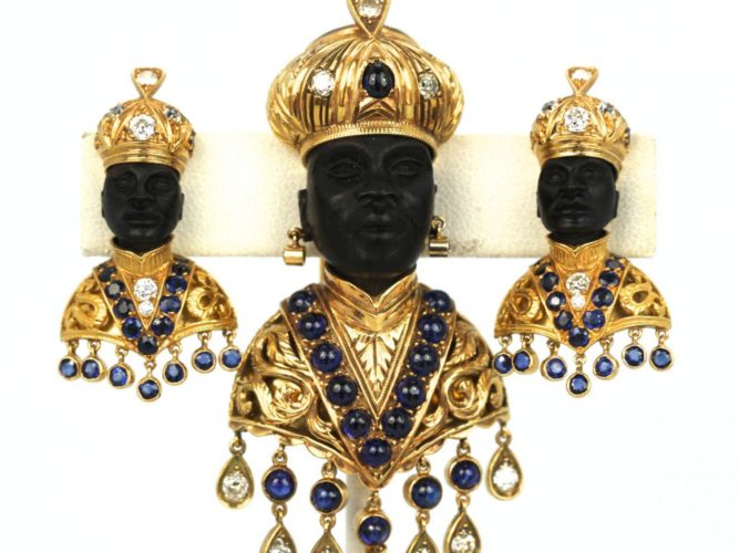 Antique Blackamoor 18K Yellow Gold Brooch And Earrings Covered In Sapphires Circa 1890 detail