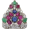 Art Deco Platinum Carved Ruby, Sapphire, Emerald And Diamond Tutti Frutti Brooch - detail