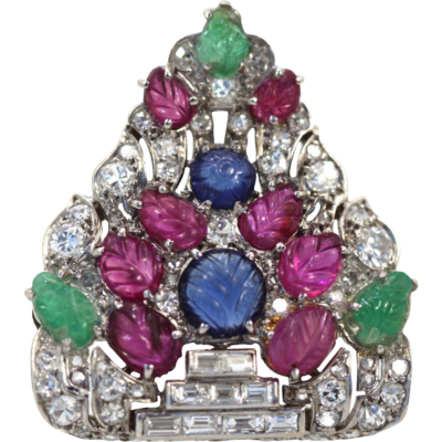 Art Deco Platinum Carved Ruby, Sapphire, Emerald And Diamond Tutti Frutti Brooch - detail