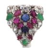 Art Deco Platinum Carved Ruby, Sapphire, Emerald And Diamond Tutti Frutti Brooch close up