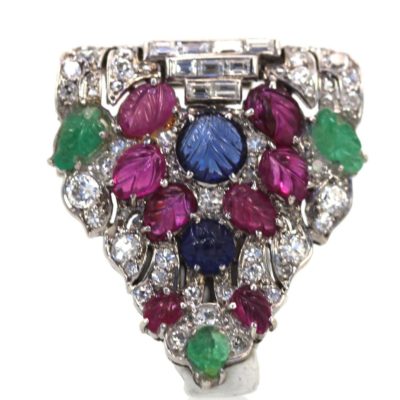 Art Deco Platinum Carved Ruby, Sapphire, Emerald And Diamond Tutti Frutti Brooch - close up