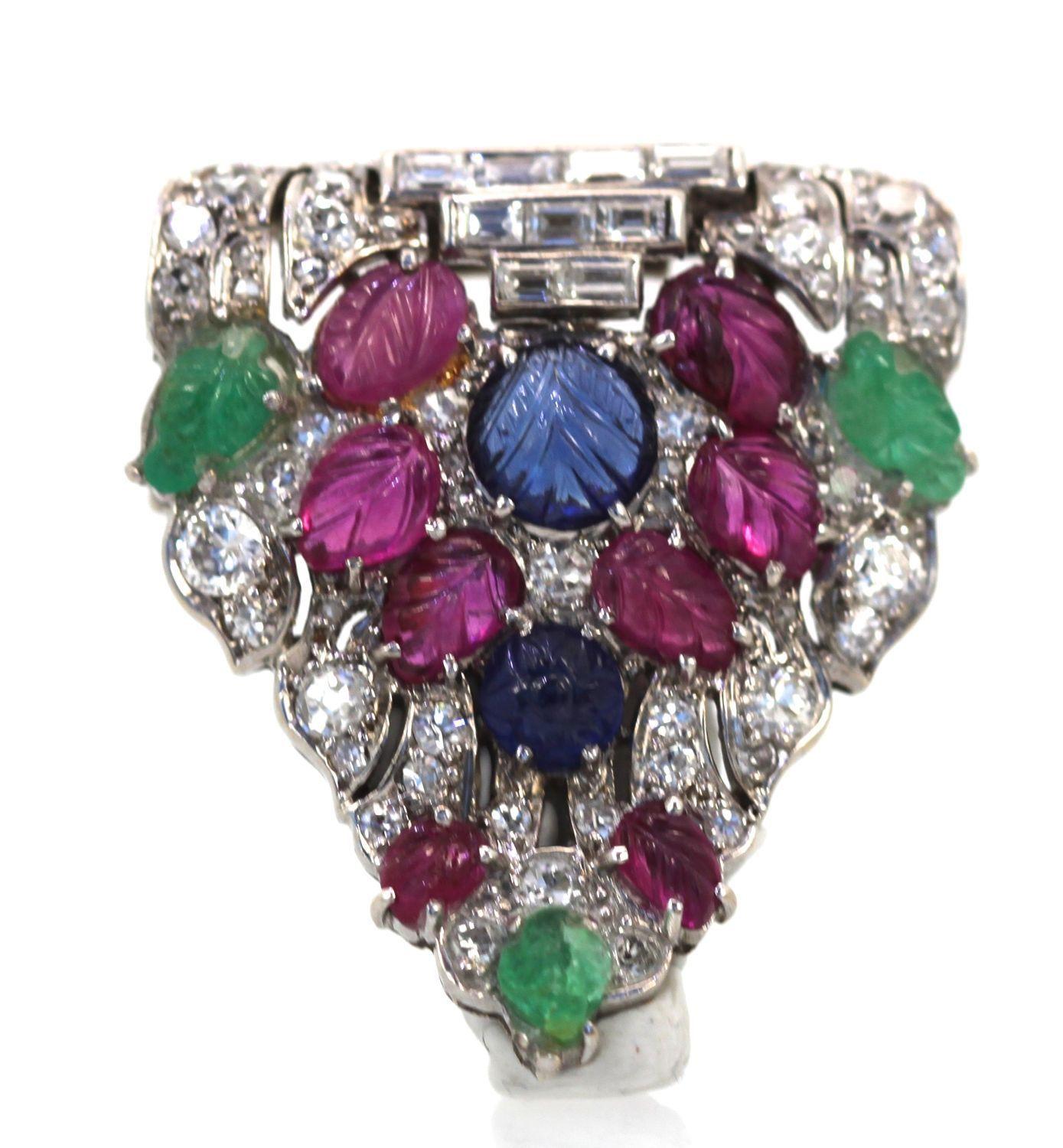 Art Deco Platinum Carved Ruby, Sapphire, Emerald And Diamond Tutti Frutti Brooch close up