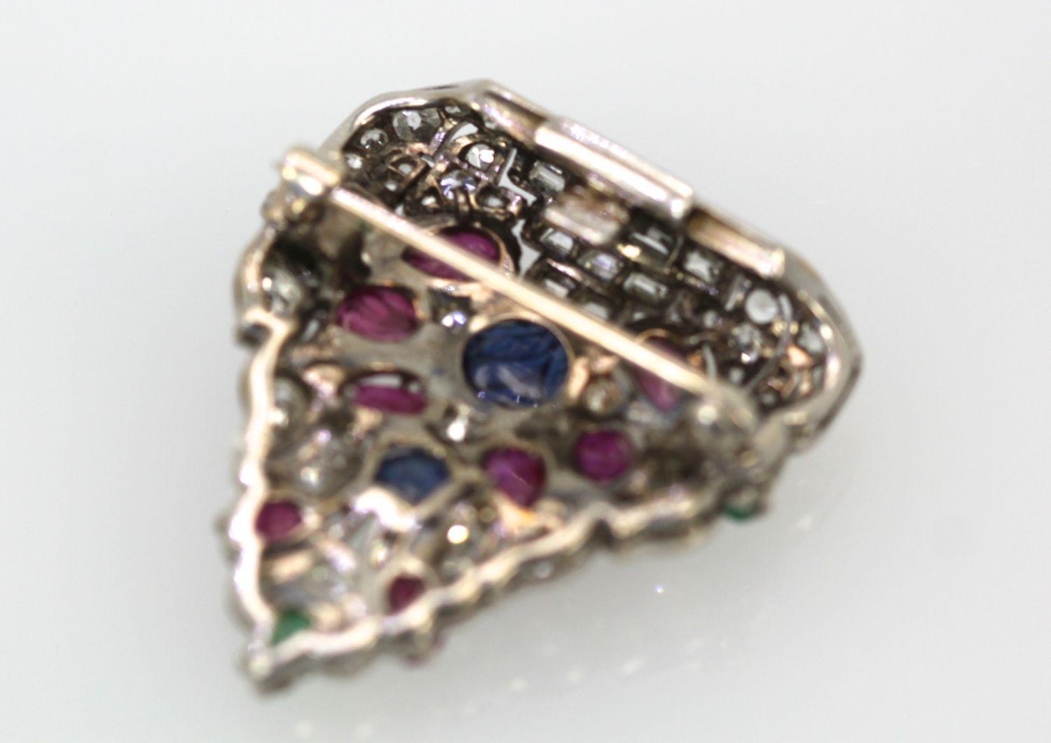 Art Deco Platinum Carved Ruby, Sapphire, Emerald And Diamond Tutti Frutti Brooch back