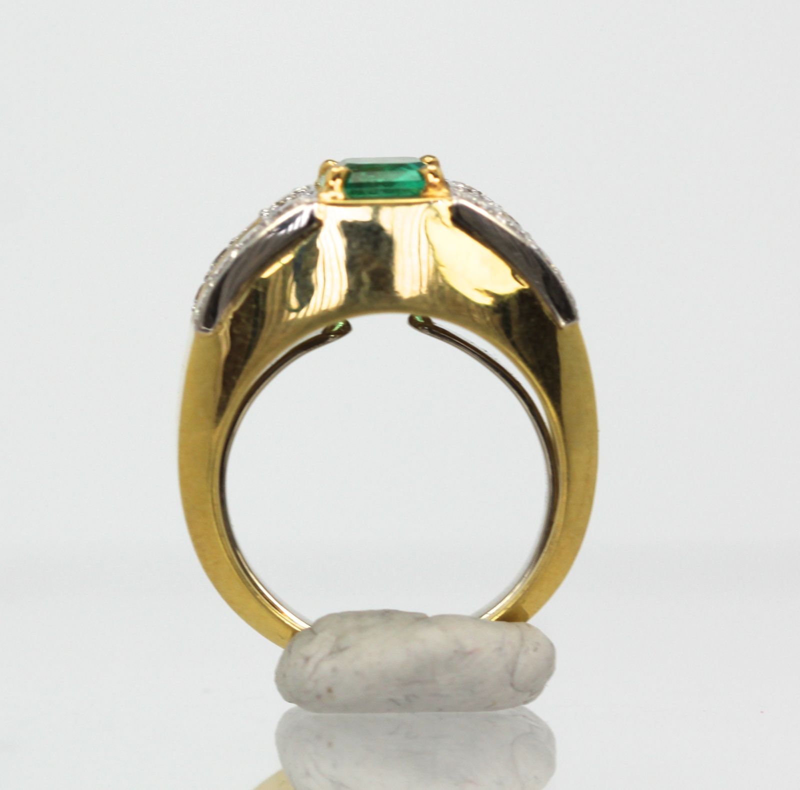 David Webb Emerald Diamond Ring bottom on stand