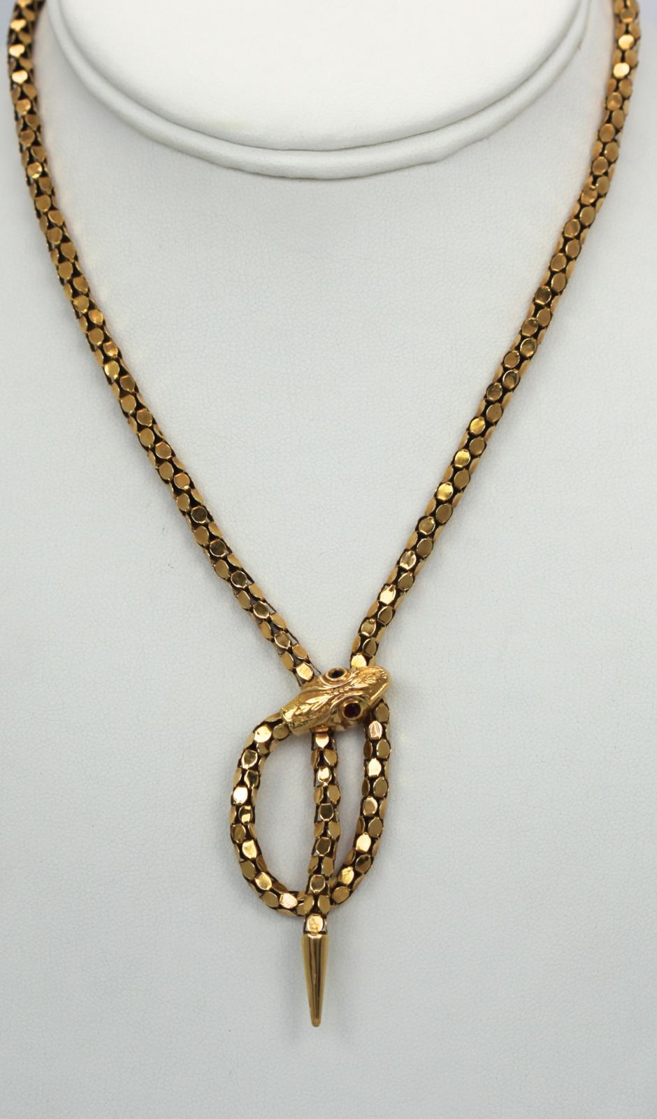 Retro 18K Yellow Gold Garnet Eyed Coiled Snake Serpent Necklace 1940’S