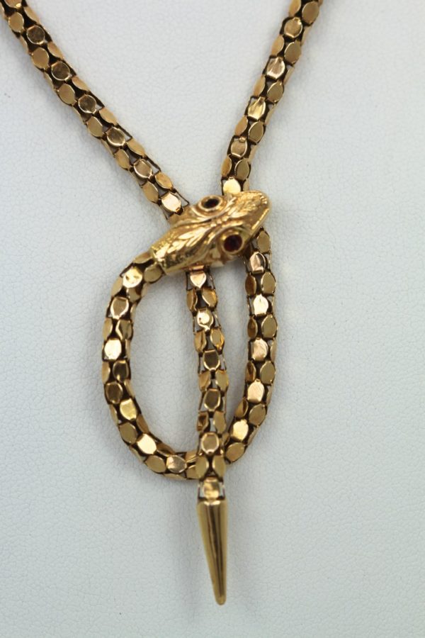 Retro 18K Yellow Gold Garnet Eyed Coiled Snake Serpent Necklace 1940'S detail
