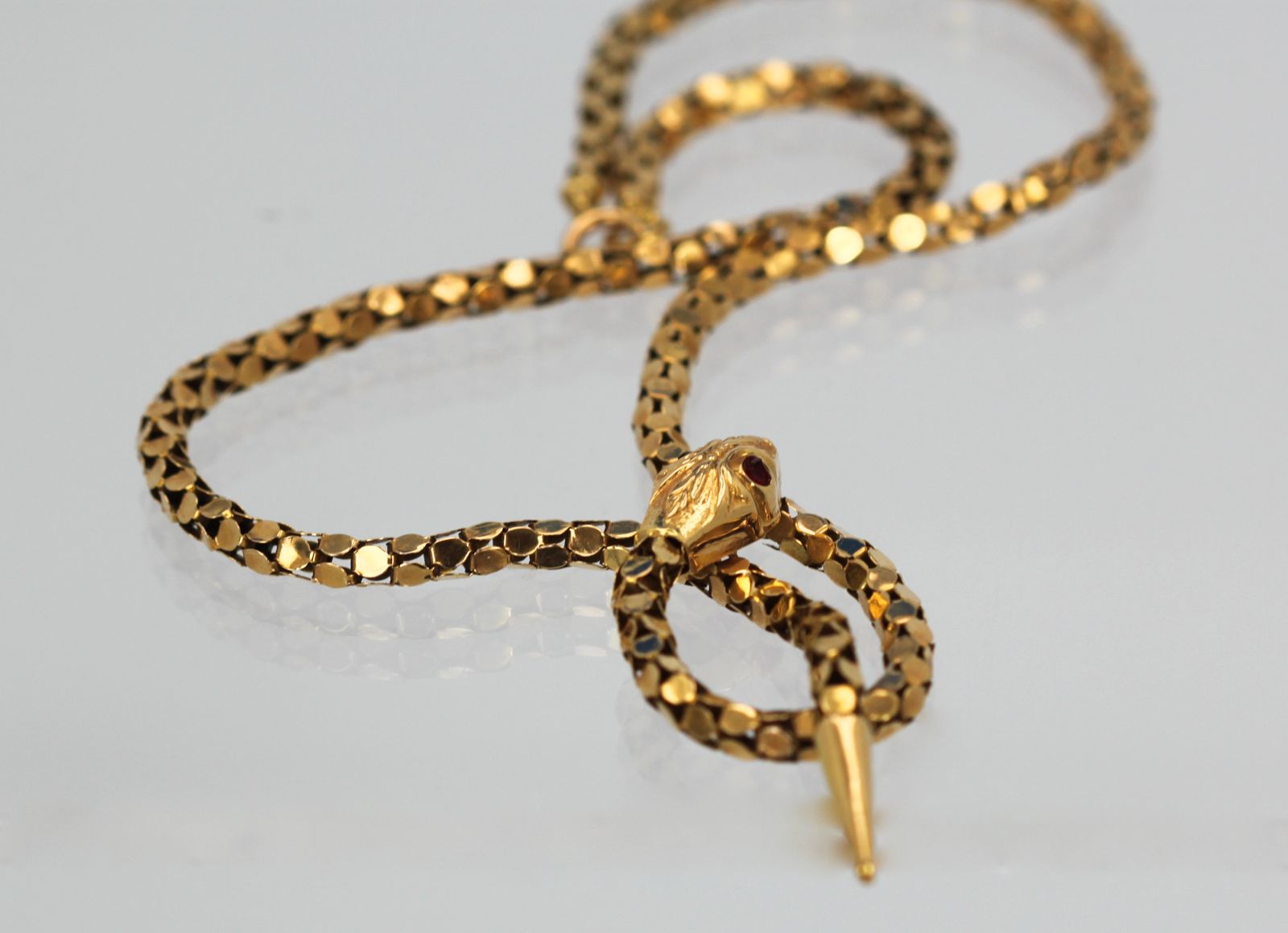 Retro 18K Yellow Gold Garnet Eyed Coiled Snake Serpent Necklace 1940’S hero