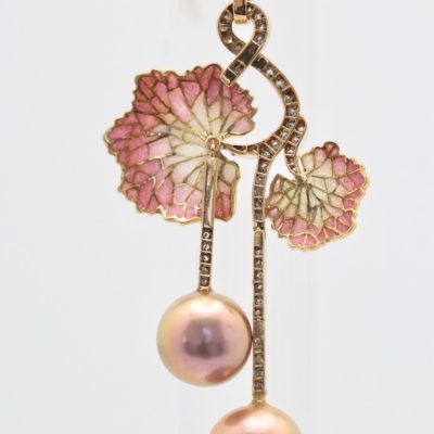 Plique A Jour Diamond & Pearl Flower Pendant 18K close up
