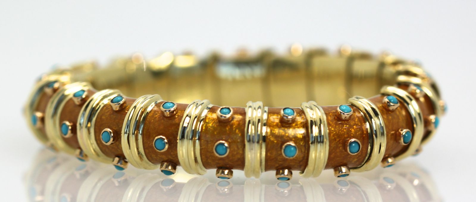Tiffany & Co. Schlumberger Copper Enamel and Turquoise Narrow Bracelet Iconic close up