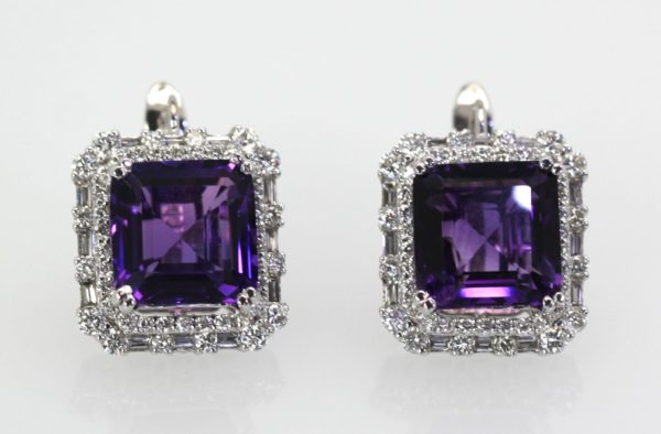 Deep Purple Amethyst & Diamond 10 TCW Earrings 18K White Gold side-by-side