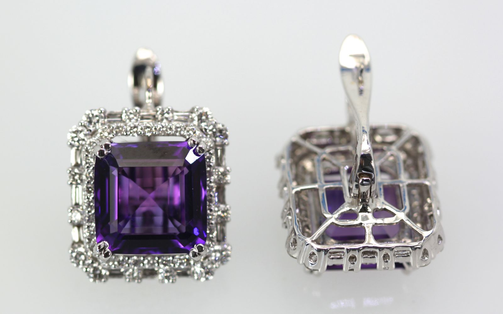 ADeep Purple Amethyst & Diamond 10 TCW Earrings 18K White Gold front and back