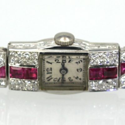 Diamond Ruby Platinum Bracelet Watch - down angle