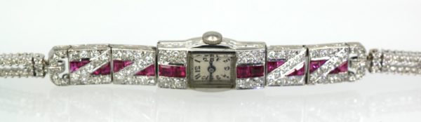 Diamond Ruby Platinum Bracelet Watch - down angle