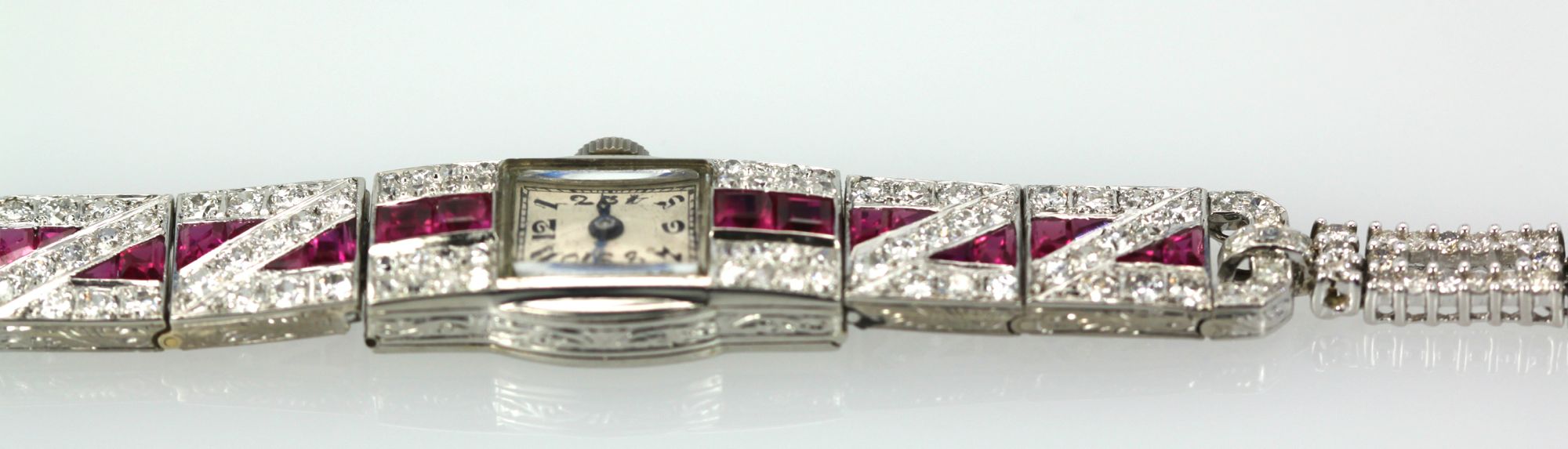 Diamond Ruby Platinum Bracelet Watch – up angle