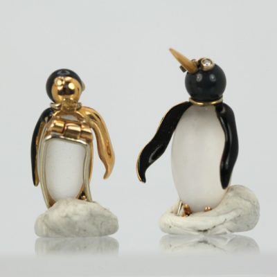 Fasano Gold Moonstone Enamel Penguins - back and front