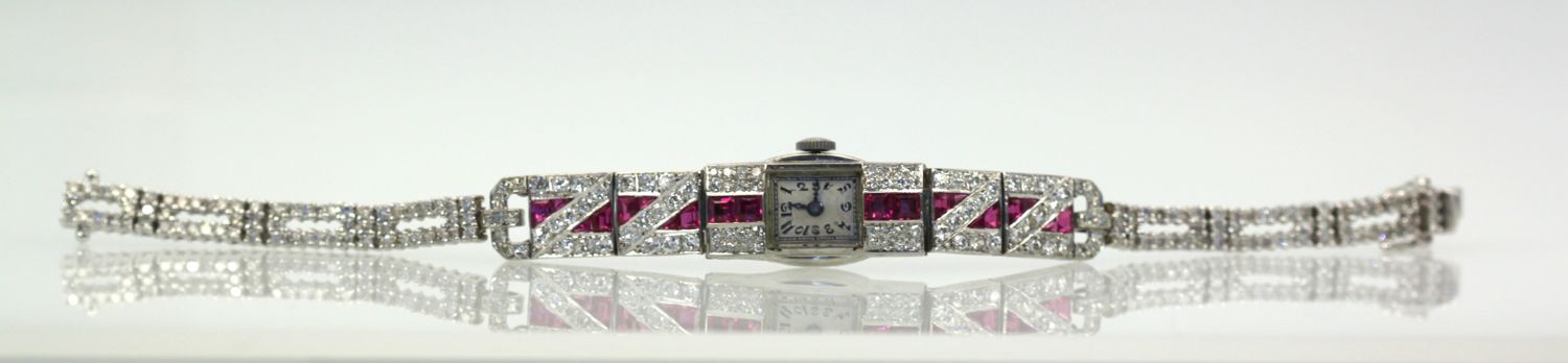 Diamond Ruby Platinum Bracelet Watch – entire