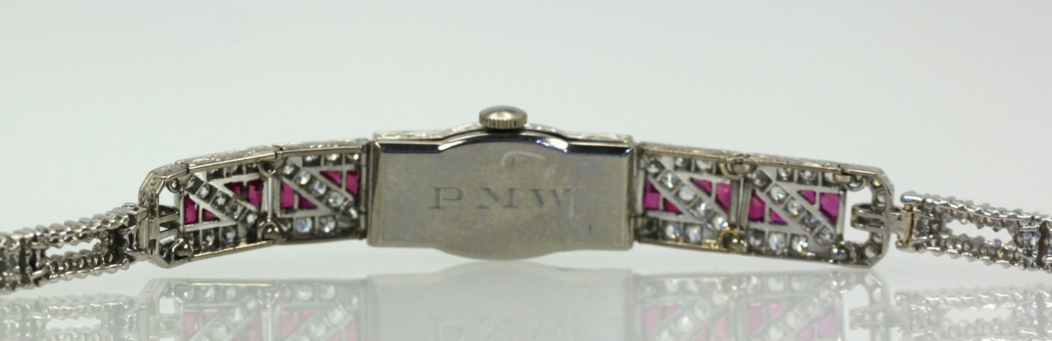 Diamond Ruby Platinum Bracelet Watch – back