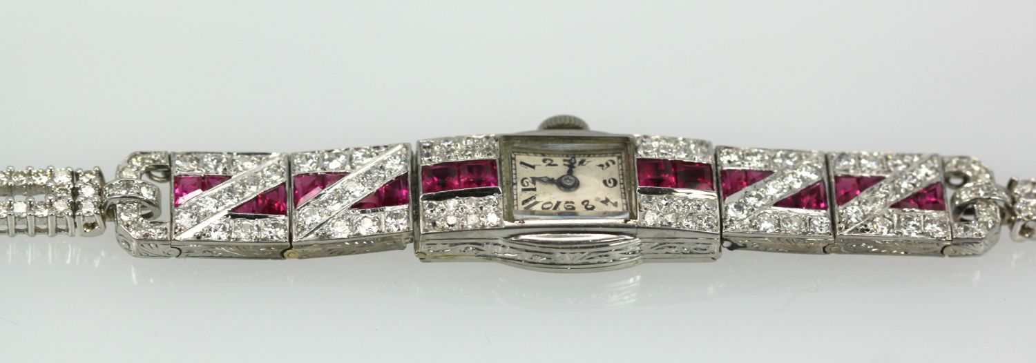 Diamond Ruby Platinum Bracelet Watch – detail