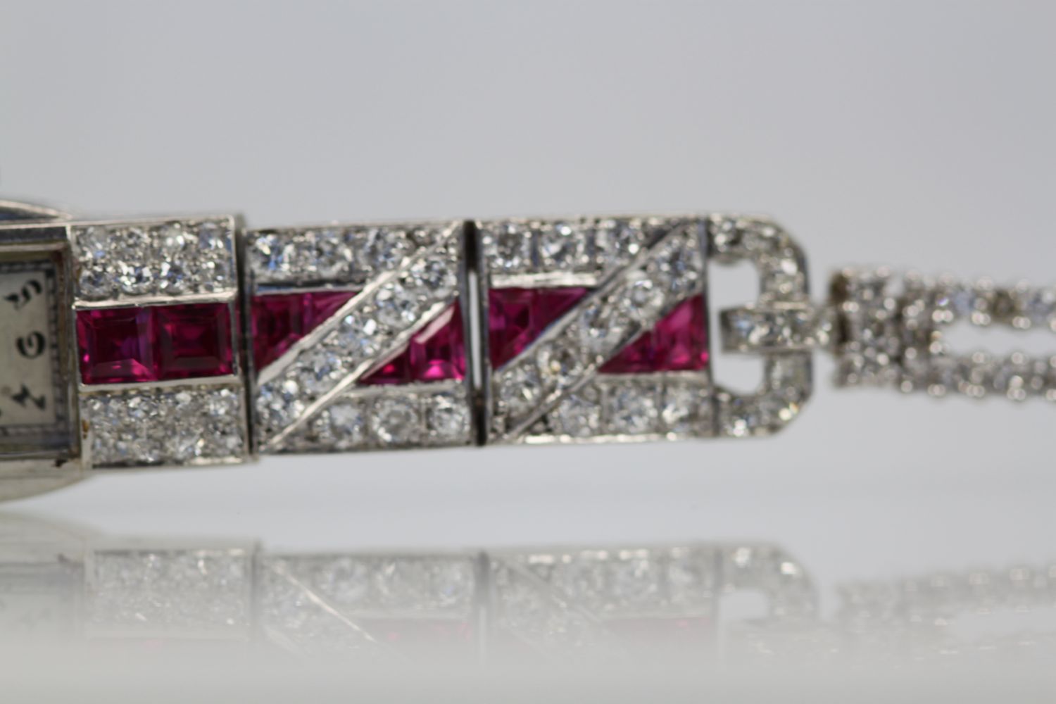 Diamond Ruby Platinum Bracelet Watch – band close up