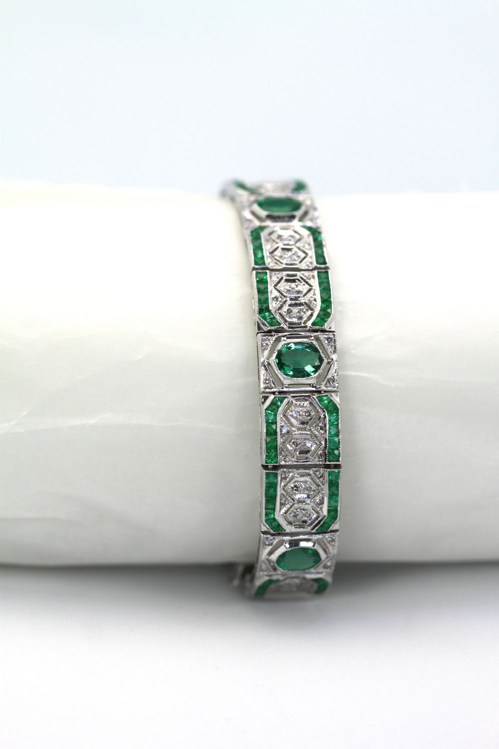 Diamond Emerald Deco Style Bracelet 14 Karat on wrist