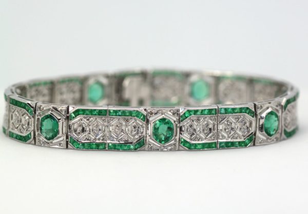 Diamond Emerald Deco Style Bracelet 14 Karat
