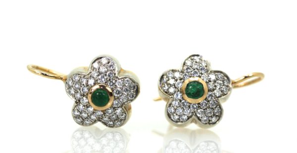 Diamond Emerald Earrings 18K Gold close up