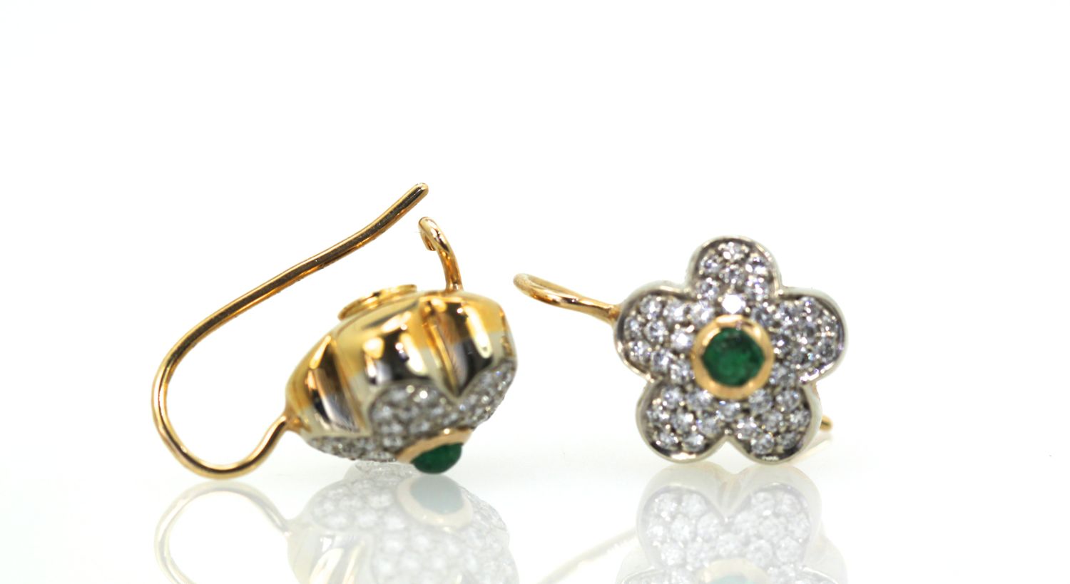 Diamond Emerald Earrings 18K Gold side and front