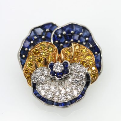 Oscar Heyman Sapphire Diamond Pansy Brooch 18 Karat detail