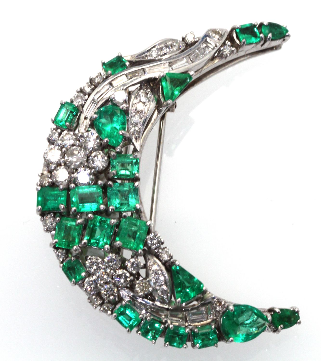 Emerald Diamond Crescent Brooch 14K back #9