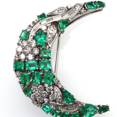 Emerald Diamond Crescent Brooch 14K