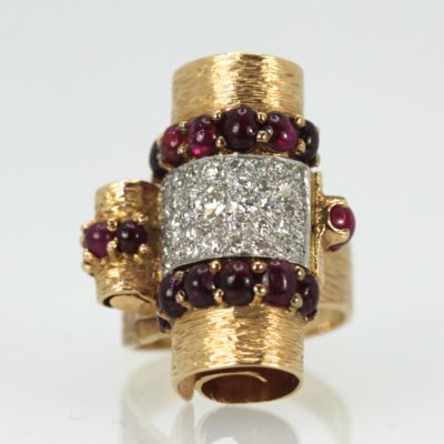 1930's Ruby Cabochon 14K Platinum Diamond Ring - angle