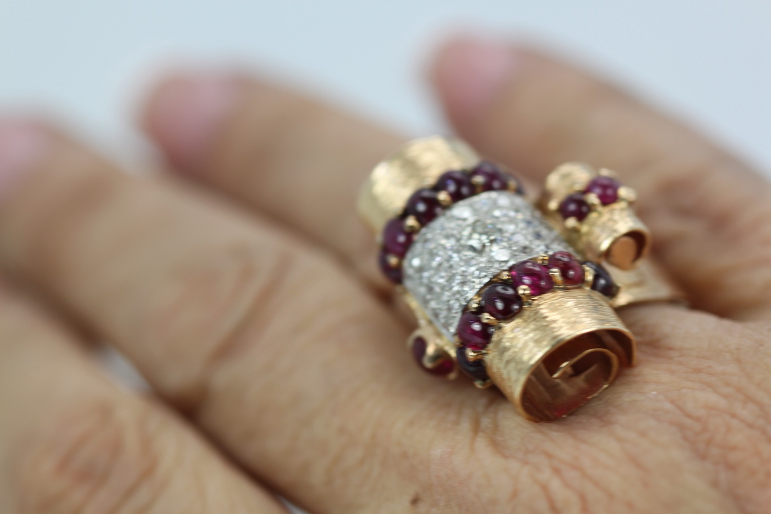 1930’s Ruby Cabochon 14K Platinum Diamond Ring – on finger
