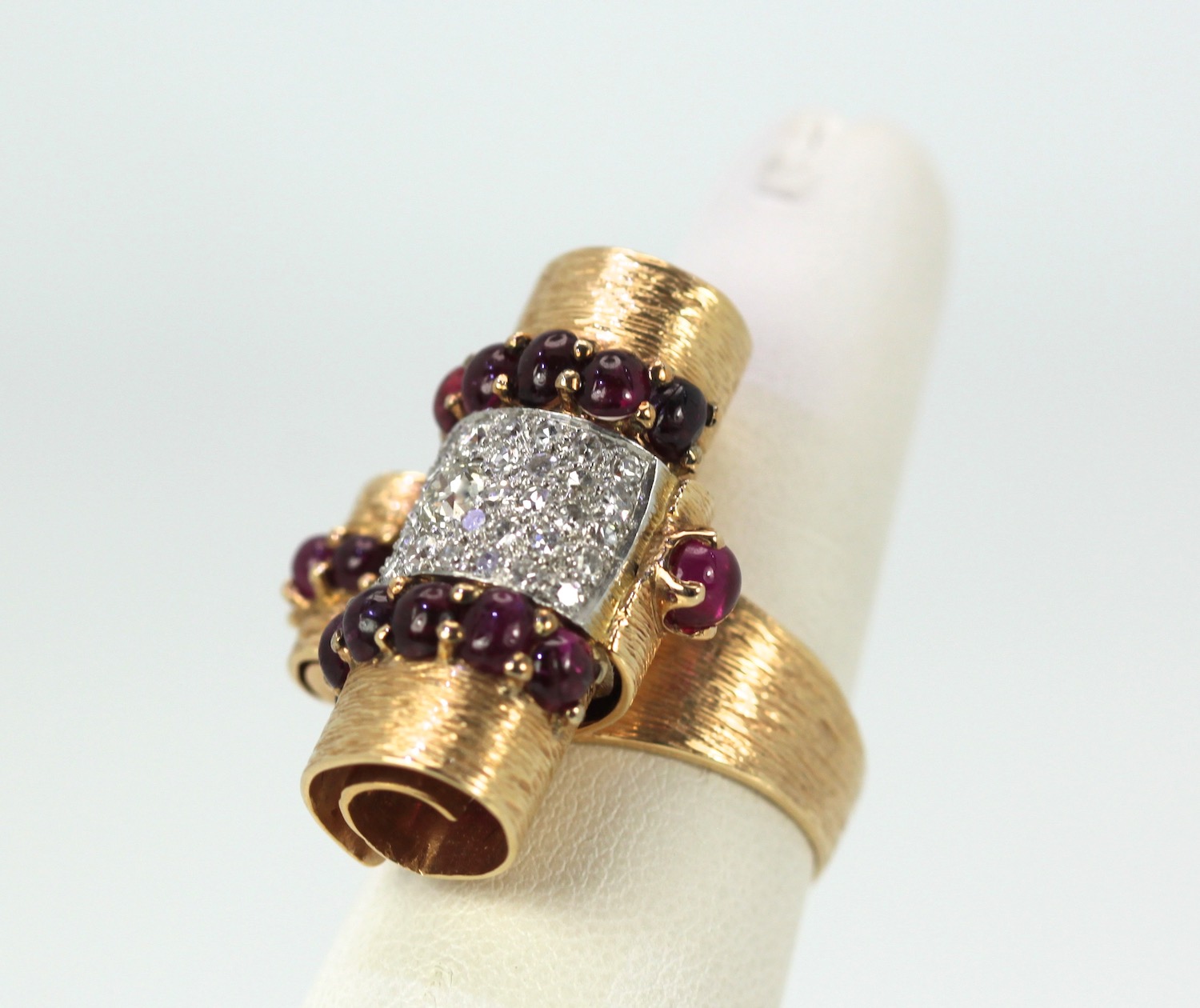 1930’s Ruby Cabochon 14K Platinum Diamond Ring – on finger #2