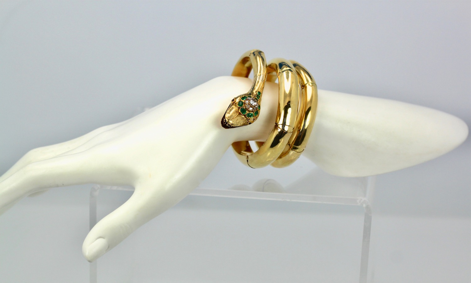 Vintage 18K Emerald Diamond Head Triple Wrap Snake Serpent Bracelet on wrist
