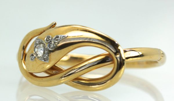 Art Nouveau Snake Bracelet Mine Cut Diamond Head 14 Karat close up