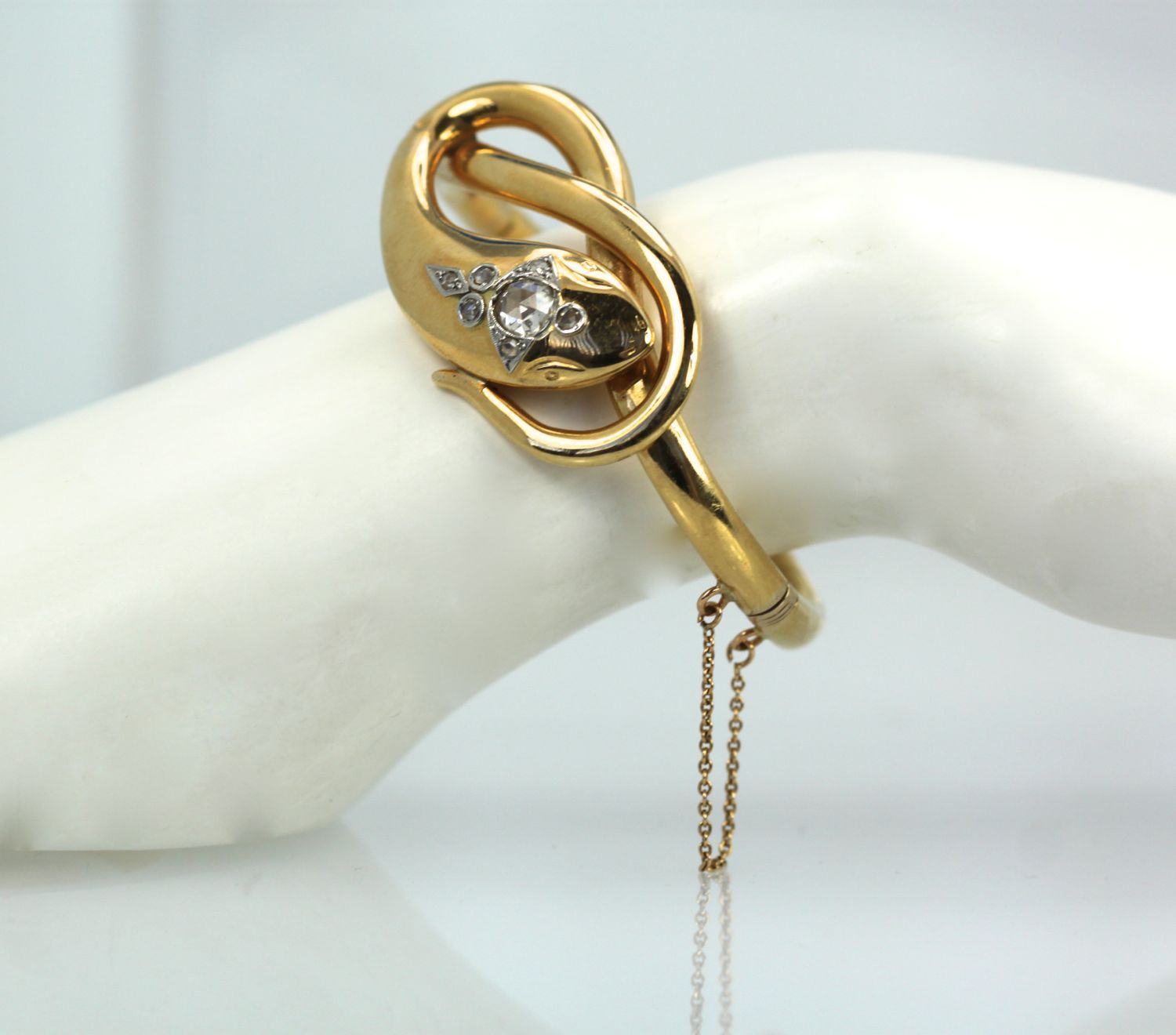 Art Nouveau Snake Bracelet Mine Cut Diamond Head 14 Karat on wrist