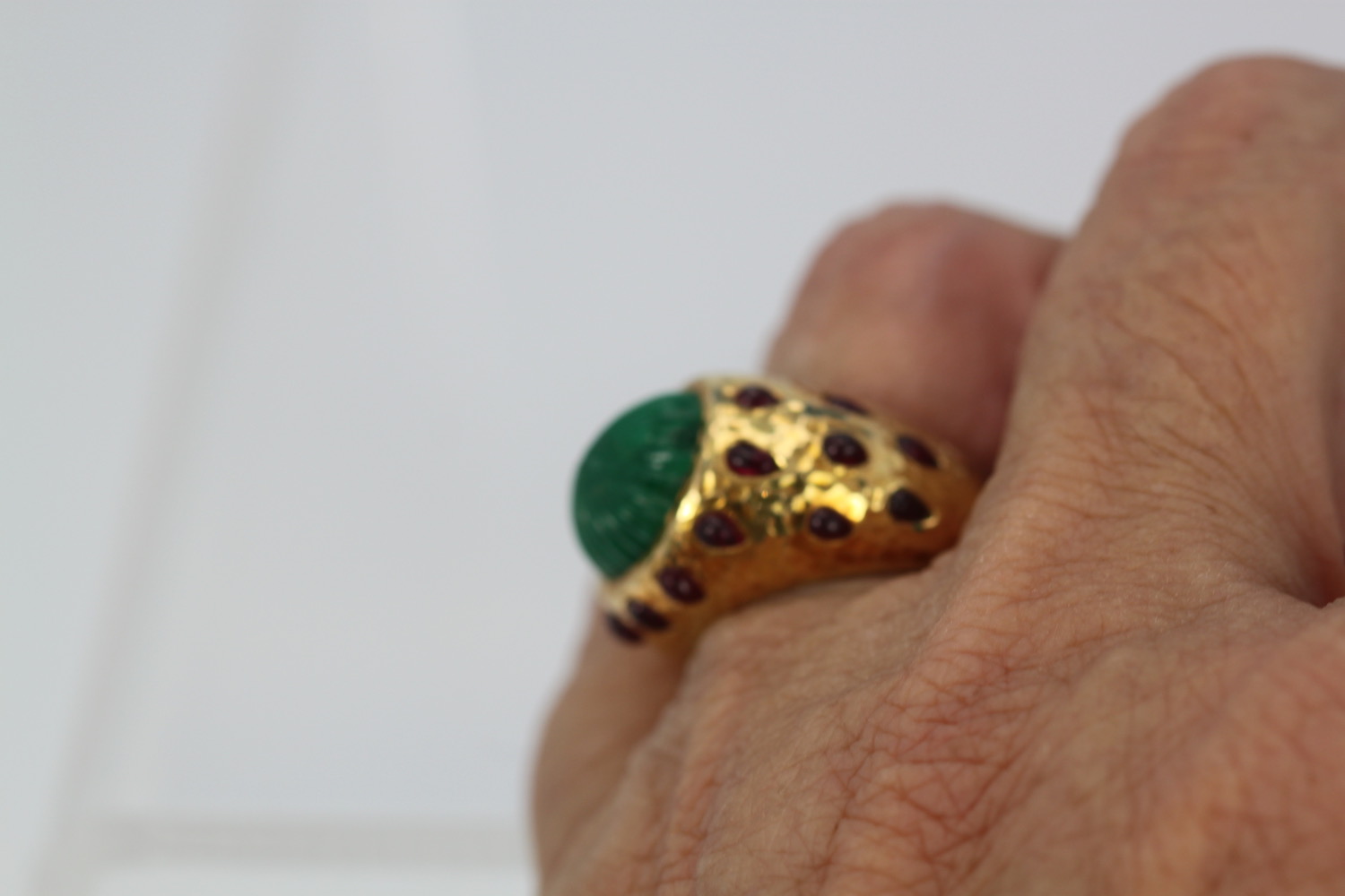 David Webb Emerald Ruby Bombe Ring – on finger