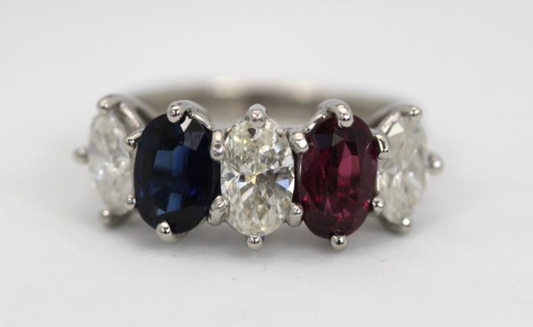 Five-Stone Platinum Ring Ruby, Sapphire Diamond 3.07 Carat