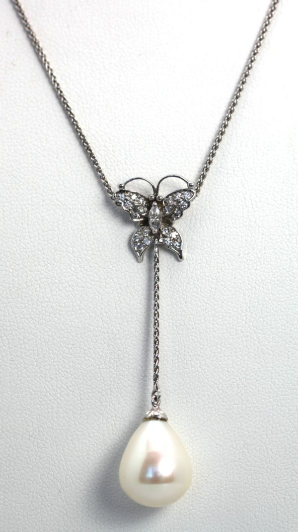 Diamond Butterfly Necklace Drop Pearl 18 Karat
