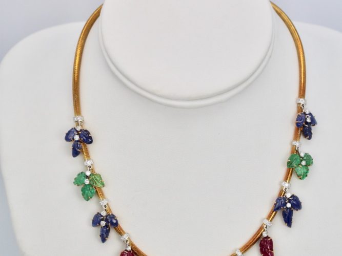 Tutti Frutti Necklace Diamonds Carved Emeralds, Rubies, Sapphires 18K Gold #3