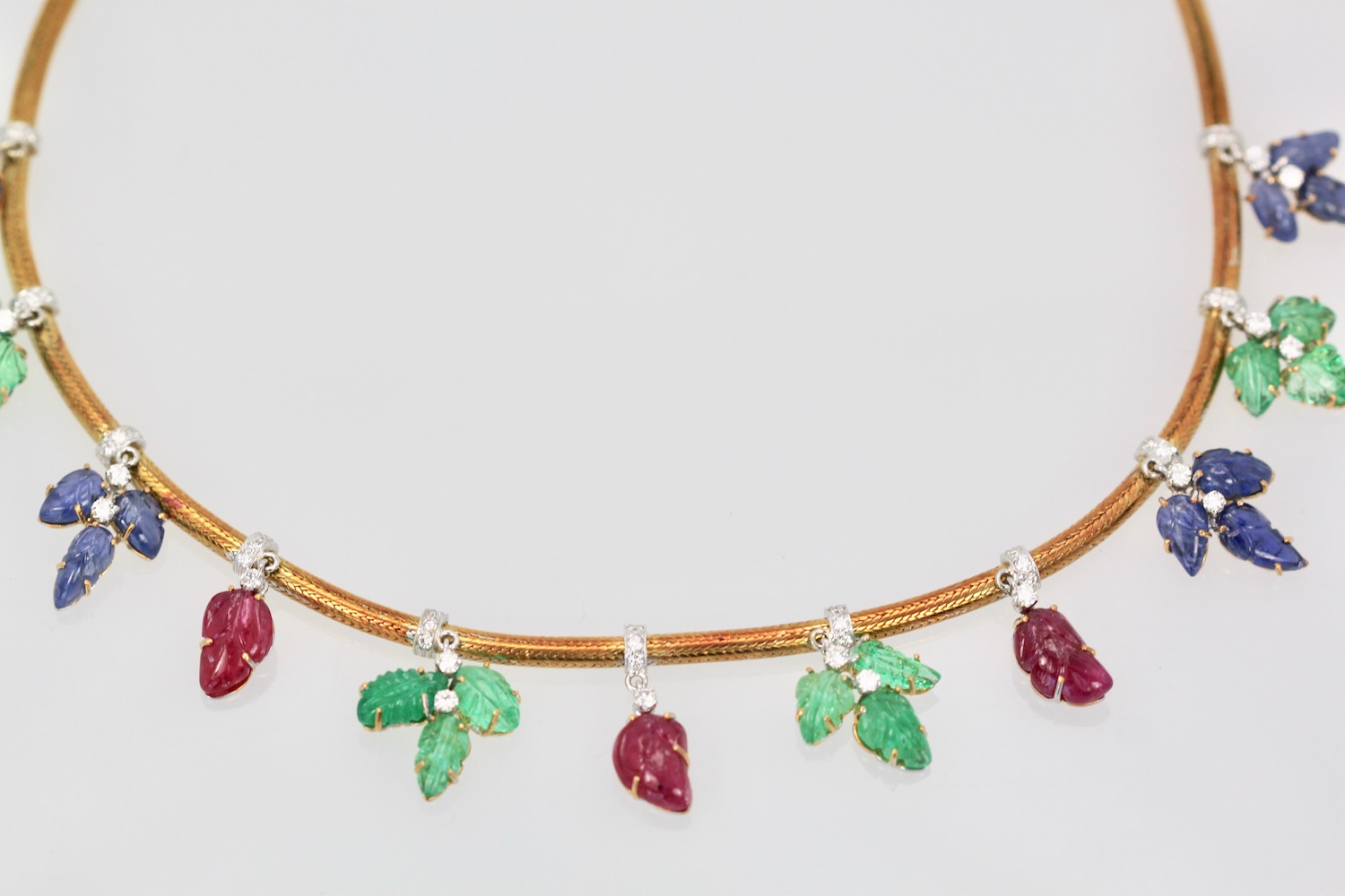 Tutti Frutti Necklace Diamonds Carved Emeralds, Rubies, Sapphires 18K Gold #4