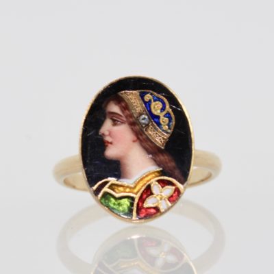 Art Nouveau Enamel Portrait Ring Athena 18K
