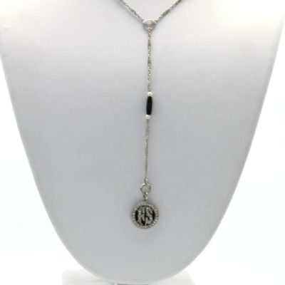 Edwardian Lorgnette, Pearl Onyx Necklace with Double-Sided Charm Platinum