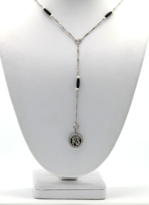 Edwardian Lorgnette, Pearl Onyx Necklace with Double-Sided Charm Platinum