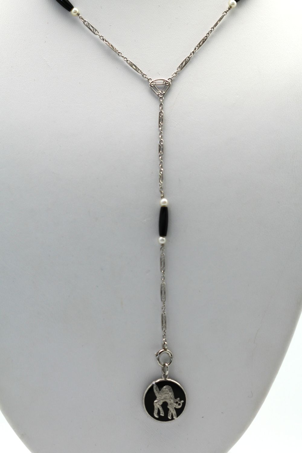 Edwardian Lorgnette, Pearl Onyx Necklace with Double-Sided Charm Platinum #3