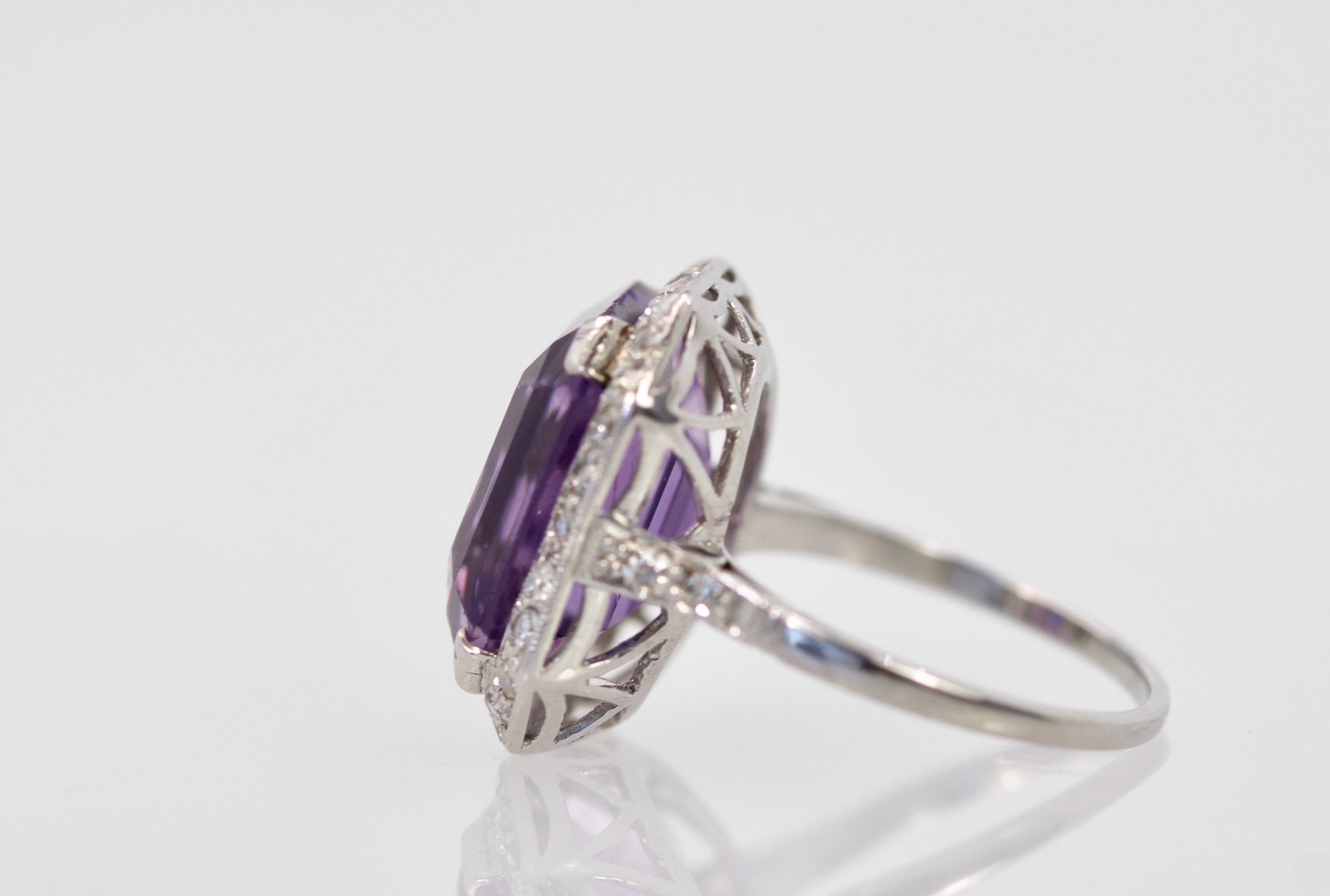Vintage Amethyst Diamond Ring with Diamond Border in Platinum #8