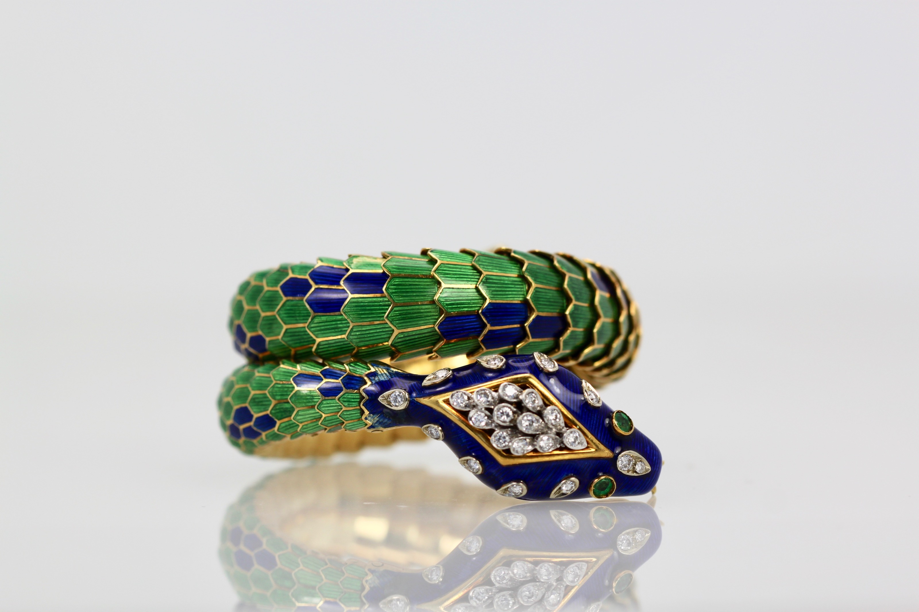 Enamel Articulated Snake Serpent Bracelet Diamond Head 18K #6